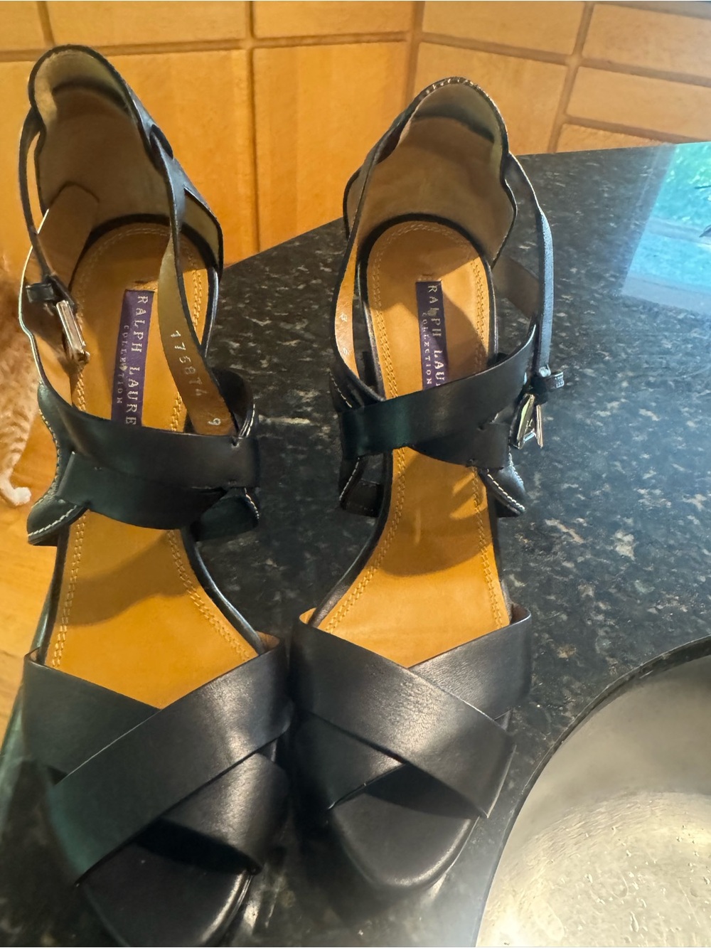Ralph Lauren Black Leather Cross-Strap Heeled Sandals